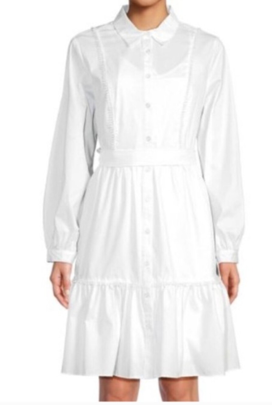 NWT- Nanette Lepore White long sleeve belted button down shirt dress